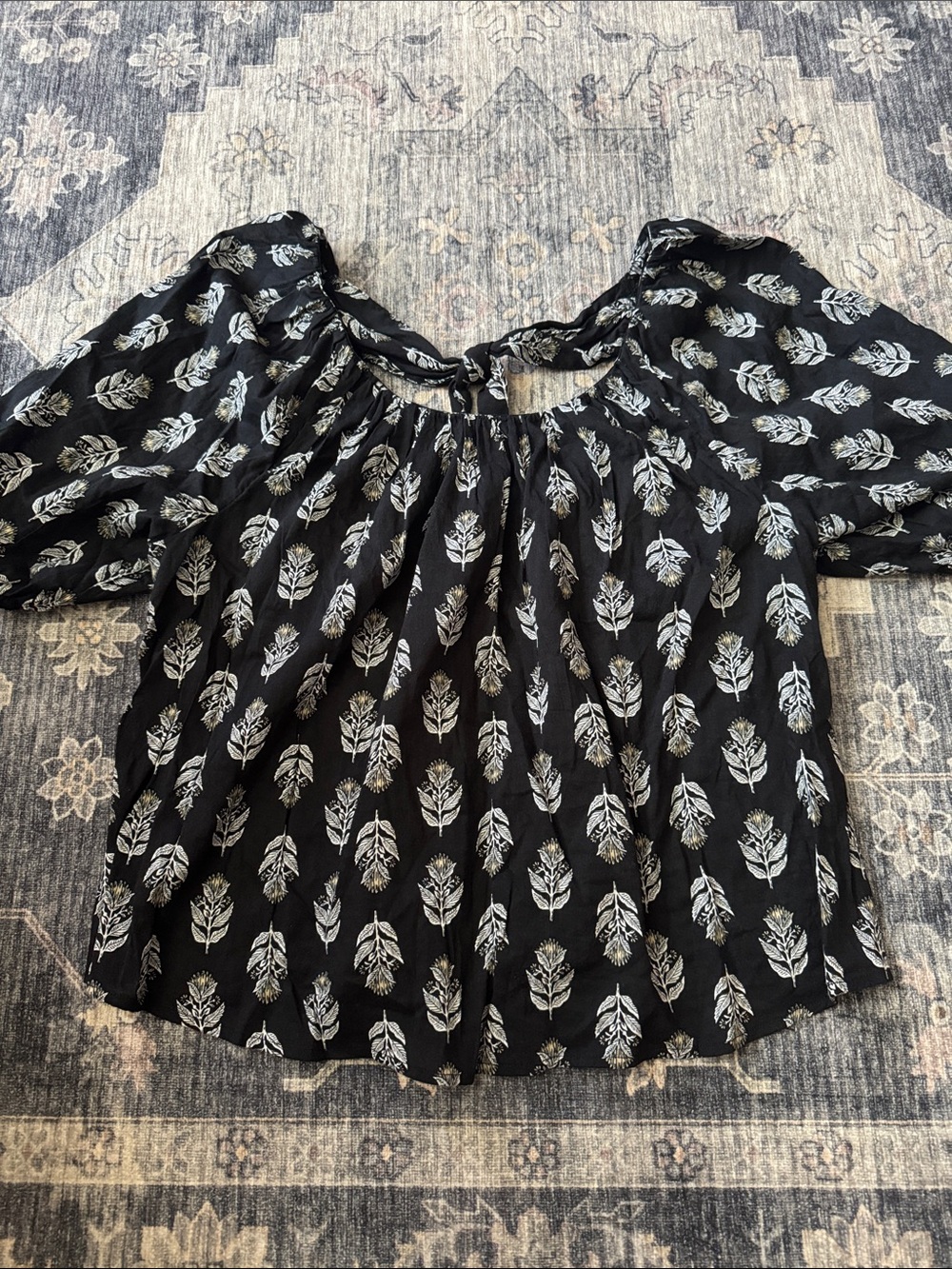 Old Navy Black Blouse with White Leaf Print